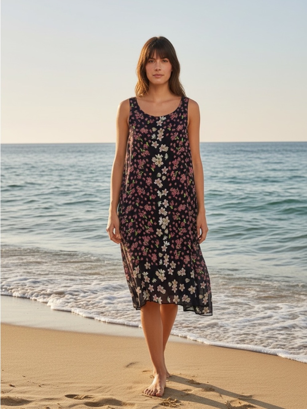Max Studio Black Midi Dress with Pink & White Floral Print Women’s size XS